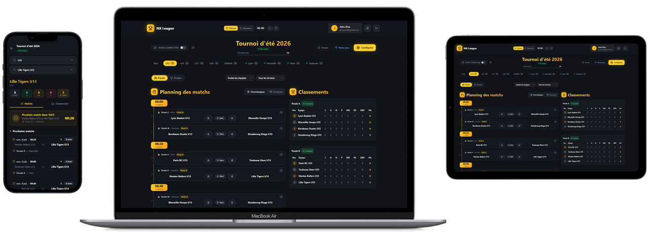 Tableau de bord NX League — planning des matchs, classements en temps réel et gestion multi-terrains